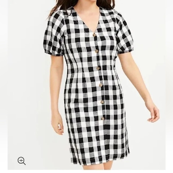 Ann Taylor LOFT Dress Size 6 tall Linen Blend Short Sleeve Lined Gingham V-Neck - Picture 1 of 7